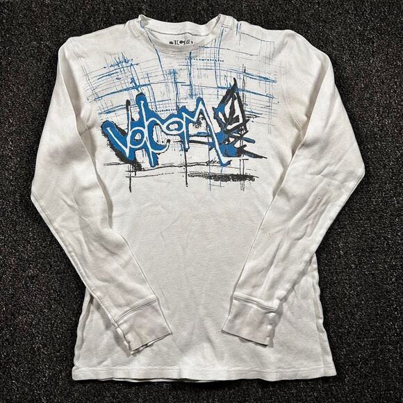 Volcom Basic Fit Thermal Shirt Men’s Large White Blue Graphic Long Sleeve Y2K - Picture 1 of 6